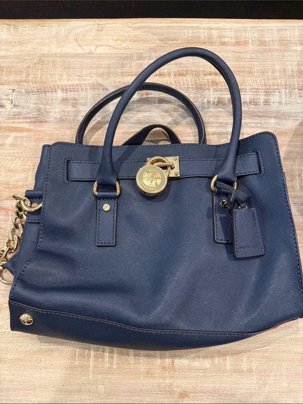 Michael Kors Navy Saffiano Satchel with Gold-Tone Hardware